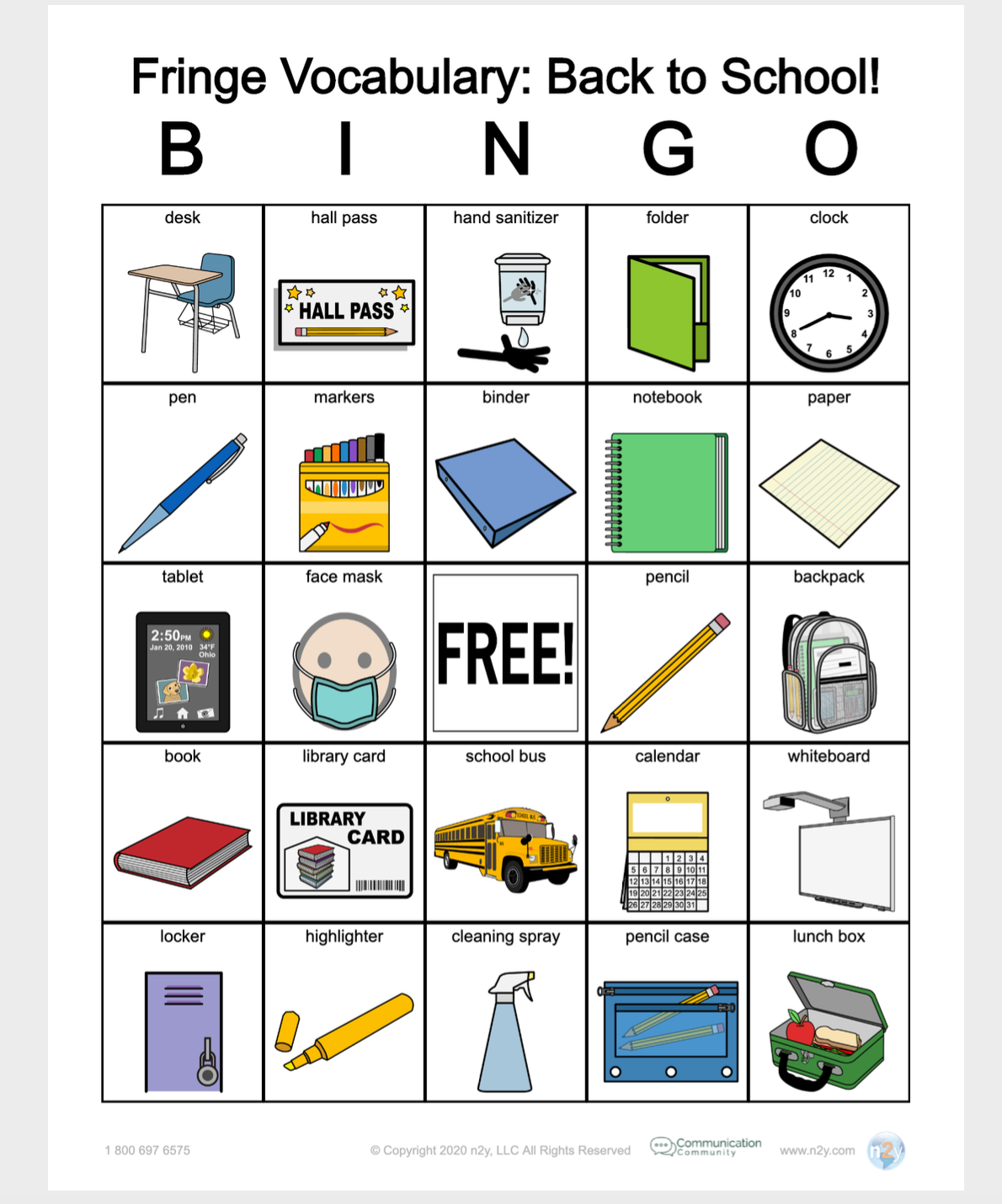 Fringe Vocabulary: Back to School Bingo