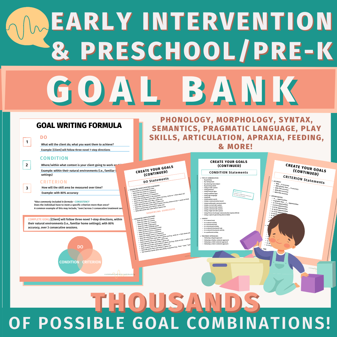 Early Intervention and Preschool/Pre-K Speech Therapy Goal Bank with Resources